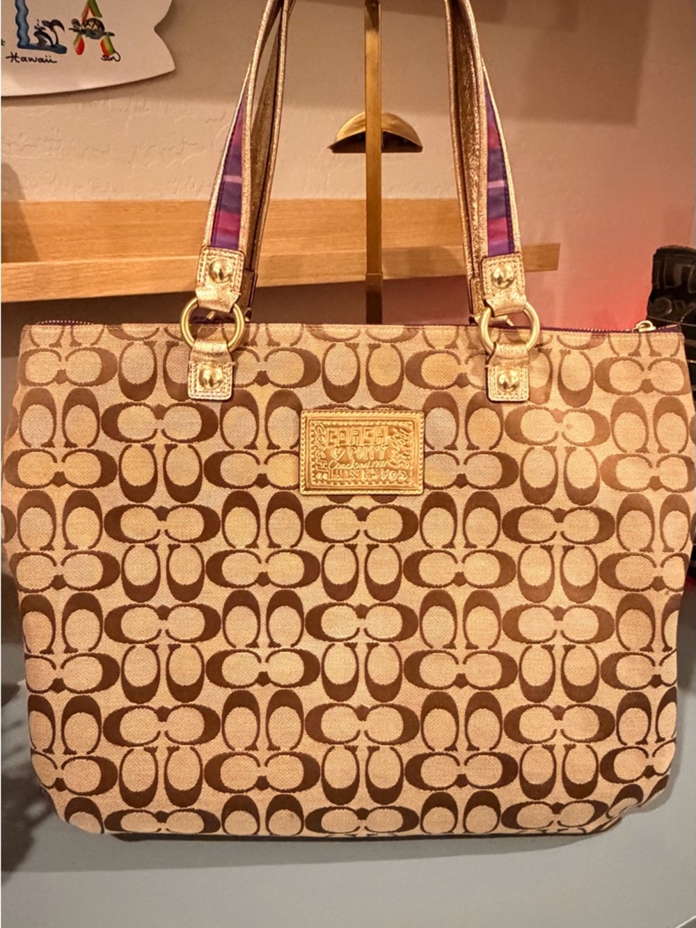 Coach Poppy Tan Signature Tote with Purple Trim and Plaid Scarf - Picture 2 of 4